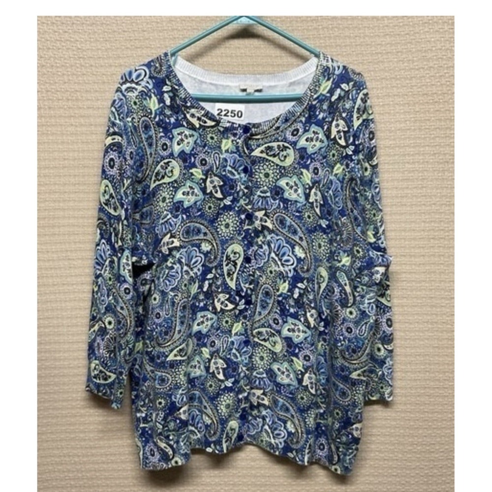 Talbots Plus Womens Paisley Floral Cotton Cardigan Sweater Size 2X Preppy Button
